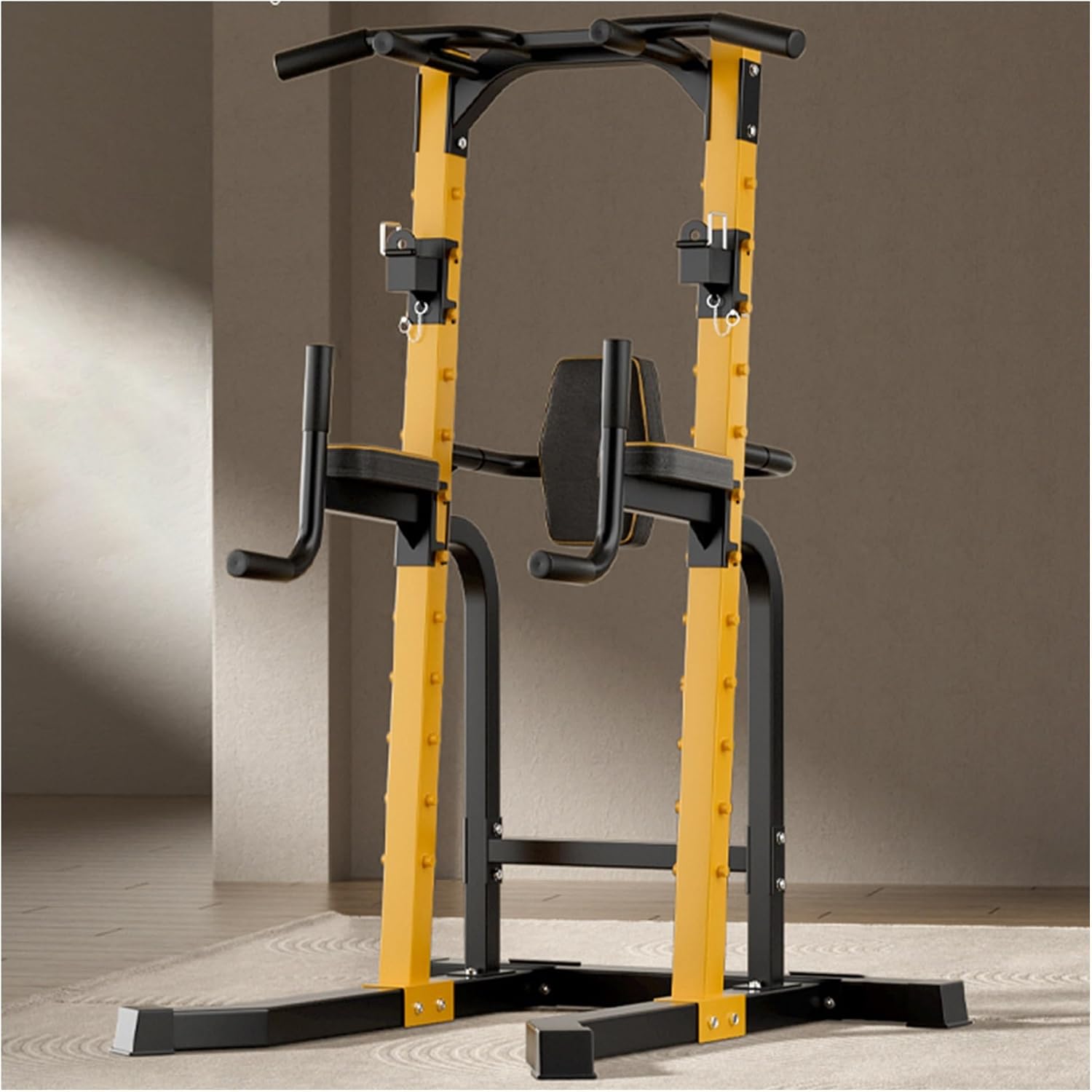 Power Tower Dip Station Multifunctional Pull Up Bar Station Height Adjustable Barbell Rack Bench Press Perfect for Home Gym Strength Training  Body Workout Load Capacity 300kg Yellow Black
