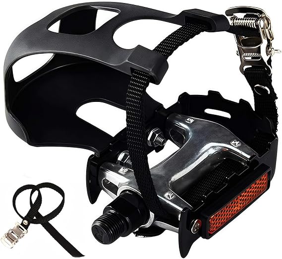 YBEKI Pro-Grade Spin Bike Pedals with Toe Clips & 4D Adjustable Straps - 9/16" Alloy Spindle for Mountain Road Bikes/Peloton/Schwinn/Sunny Bikes | 500lb Load Capacity +