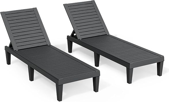 Outdoor Chaise Lounge Chairs Set of 2, 5-Position Adjustable Tanning Lounge Chairs with Wood Texture, All-Weather Resin Patio Lounge Chair for Pool, Garden, Deck, Beach, Striped Black