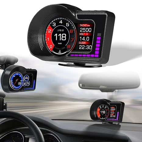 Car HUD Heads Up Display, OBD Gauge Display+GPS Speedometer, MPH Digital Speedometer, Tachometer, Water Temperature Gauge, Fatigue Driving/Speeding Alarm Works for Most Vehicles After 2008