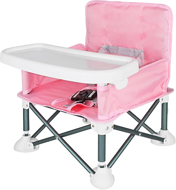 Baby Camping Chair with Tray, Portable High Chair with Travel Bag, Baby Booster Seat Dining Chair, Foldable Travel High Chair, Feeding Chair for Babies and Toddlers (Pink)