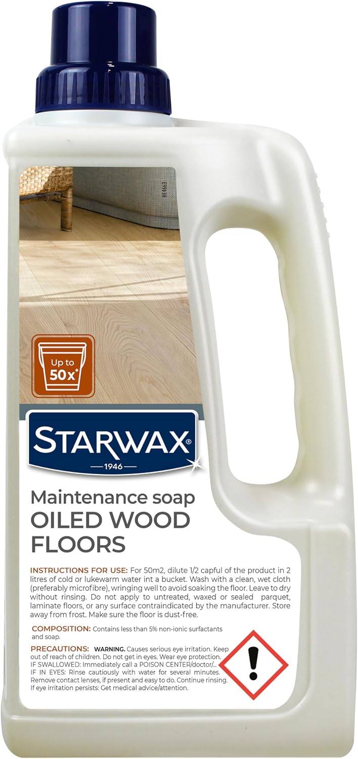 STARWAX – Maintenance Soap for Oiled Wood Floors – Cleans, Nourishes &amp; Restores Shine – Fades Scratches – No-Rinse Non-Slip Formula – Enriched with Plant Oils – 1L (Up to 36 Doses for 60m²)