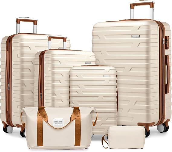 Campfun 6 Piece Luggage Sets, Carry On Luggage Set with Travel Bag & Toiletry Bag, Expandable ABS Suitcase with Double Spinner Wheels, Checked Hardshell Suitcase 18/20/24/28in for Women Girl, Beige