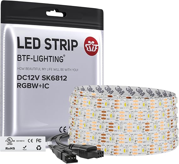 BTF-LIGHTING SK6812Similar WS2812B UL Listed RGBW RGBNatural White4000K Individually Addressable DC12V 16.4FT 60LEDm 4 Color in 1 Light Dream LED Strip IP30 White PCBNo Adapter or Controller