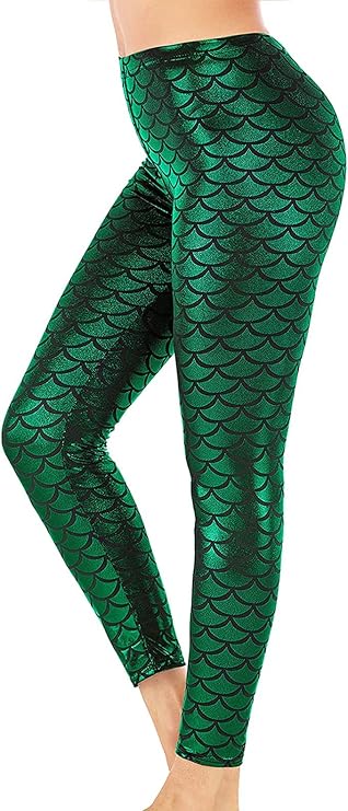 Jescakoo Mermaid Leggings for Women Fish Scale Printing Full Length Leggings Green