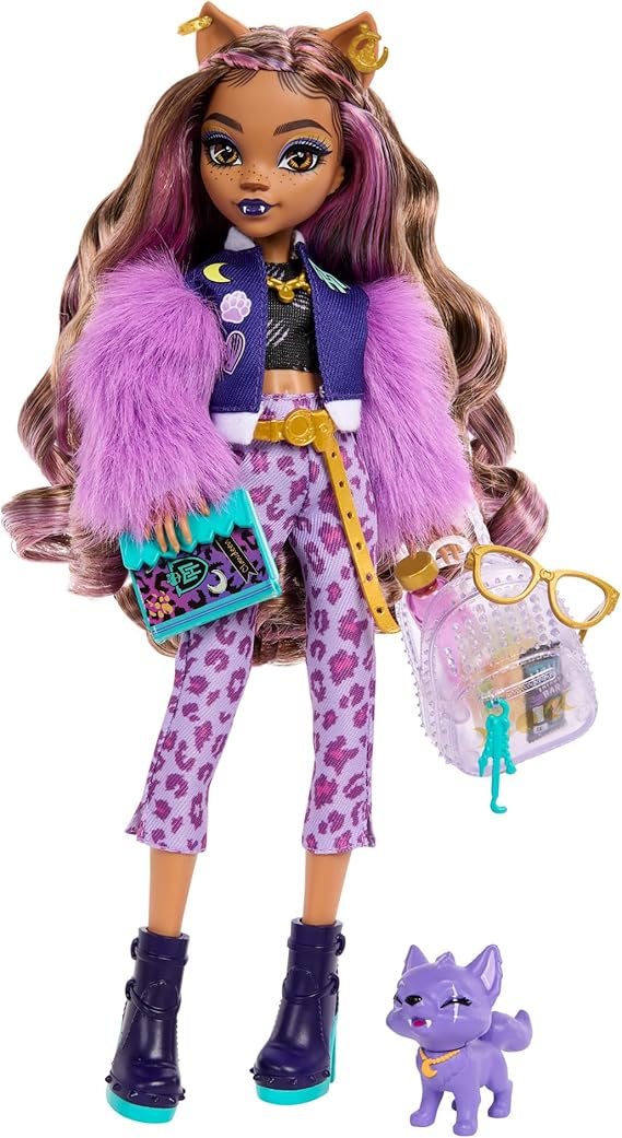 Monster High Clawdeen Wolf Doll with Furry Jacket | Werewolf in Purple Clothes with Pet Dog Crescent and Accessories like Backpack, Planner, Snacks and More, HRP65