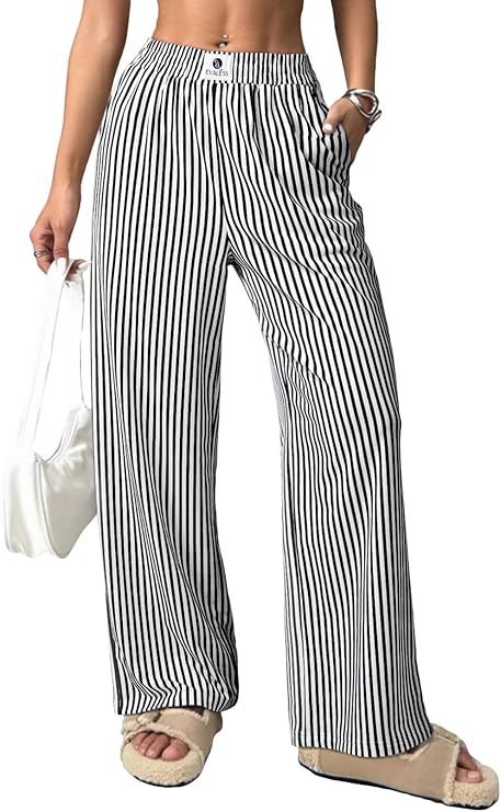 EVALESS Womens Gingham Pants High Waist Wide Leg Lounge Pants | Lightweight Comfy Fabric, Elastic Waist Side Pockets, Summer to Fall Travel Outfits