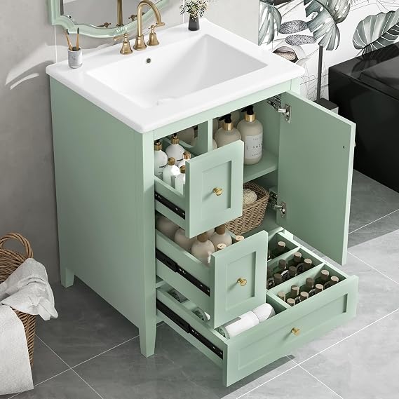 24-Inch Bathroom Vanity with Sink, 3 Drawers & Cabinet with Adjustable Shelves, Modern Design for Small to Medium Bathrooms (3 Drawers, Green)