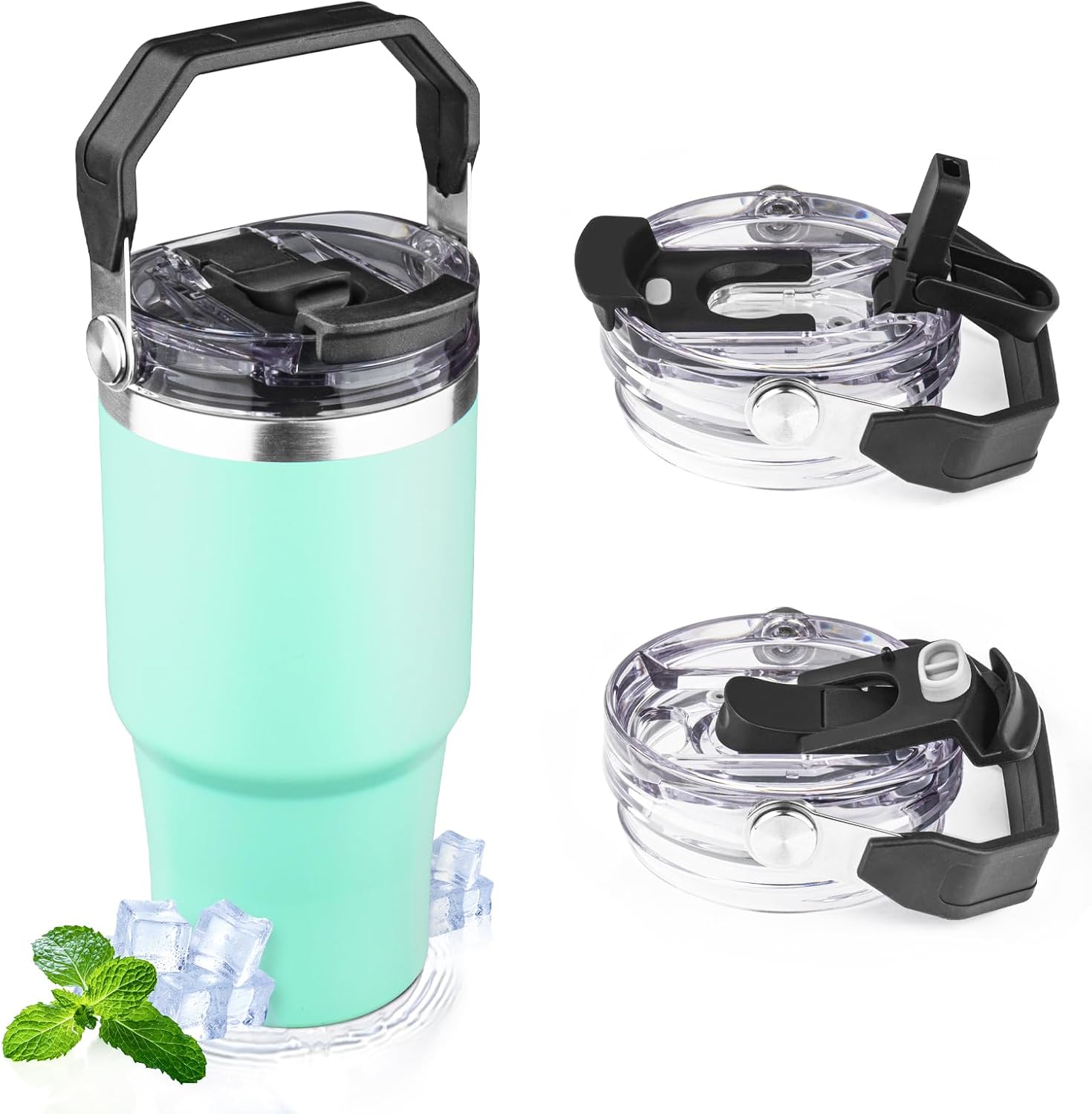 20oz Tumbler with Handle and Flip Straw Lid Double Wall Insulated Travel Coffee Mug Stainless Steel Vacuum Insulated Coffee Tumbler Cup for Hot and Cold Beverages,Leak-proof&BPA-free 20oz,Matte mint