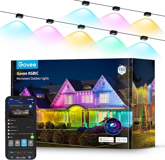 Govee Permanent Outdoor Lights, Smart RGBIC Outdoor Decor with 75 Scene Modes, 150ft with 108 LED Lights, IP67 Waterproof for Holiday Decorations, Compatible with Alexa, Google Assistant, Black
