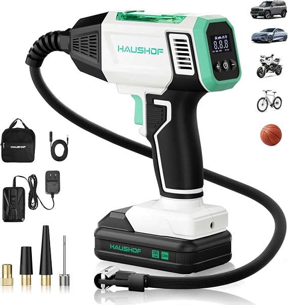 HAUSHOF Tire Inflator Portable Air Compressor, 150 PSI Air Pump, Dual Power | 20V Battery & 12V DC Power, Auto Shut-Off, Digital Gauge & LED Light, Ideal for Cars, Motorcycles, Bikes