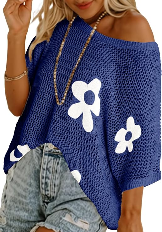 Dokotoo Womens Floral Fashion Summer Tops 2026 Short Sleeve Crochet Sweaters Swimsuit Cover Ups Lightweight Knit Pullover