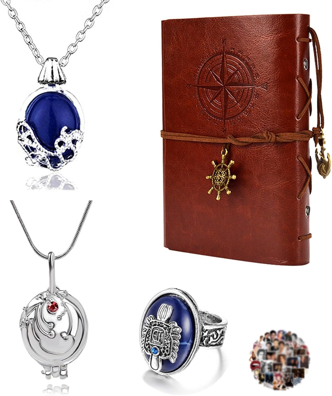 YouU 24 pcs The Vampire Diar.s Jewelry Set Vintage Leather Writing Journal Notebook Daywalking Katherine Sapphire Crystal Pendant Necklaces Damon's Ring Movie Stickers