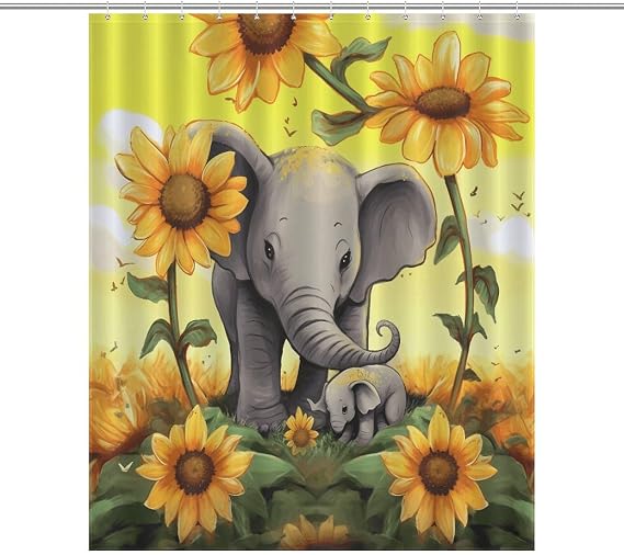 Shower Curtains Liner, Mother and Baby Elephant Sunflowers Printed Waterproof Fabric Shower Curtain Liner Bath Curtain with Rust Proof Grommets 72x72 Inches