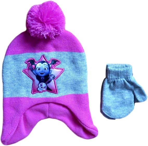 Disney Junior Vampirina Girls' Laplander Beanie Hat and Mittens Set (Grey/Pink)