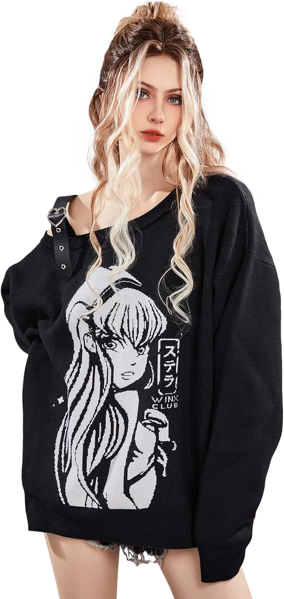 Winx Club Women's Flora Print Pullover Sweaters Long Sleeved Sweaters Casual Fall Sweatshirt Black