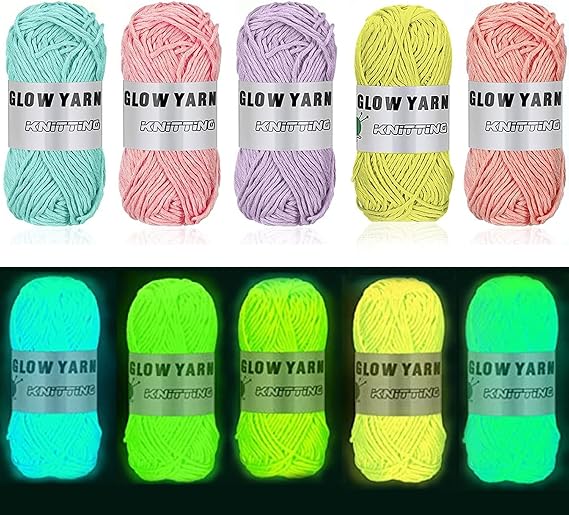 Glow in The Dark Yarn(Each 55yd),DIY Glow Yarns for Knitting Luminous Yarns for Crocheting Sewing Supplies for Crocheting for DIY Arts, Crafts & Sewing Beginners (5 Colors Glow in The Dark Yarn)