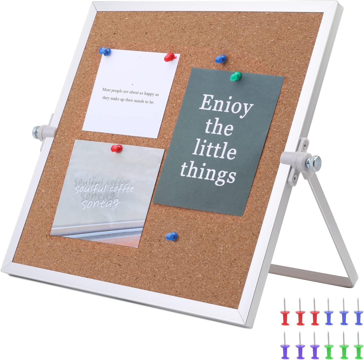 9.8×9.8 Cork Board Bulletin Board, Double Sided Pin Board with Silver Aluminum Border, Desktop Small Cork Board with Stand Suitable for Home, Office, Desk Message Board or Picture Board
