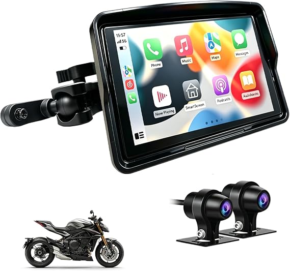 5-Inch Motorcycle Carplay/Android Auto Navigation System,Waterproof, Front and Rear 1080P Cameras,Smartphone connectivity,140-degree Wide Angle, Loop Recording,Collision Recording,WiFi