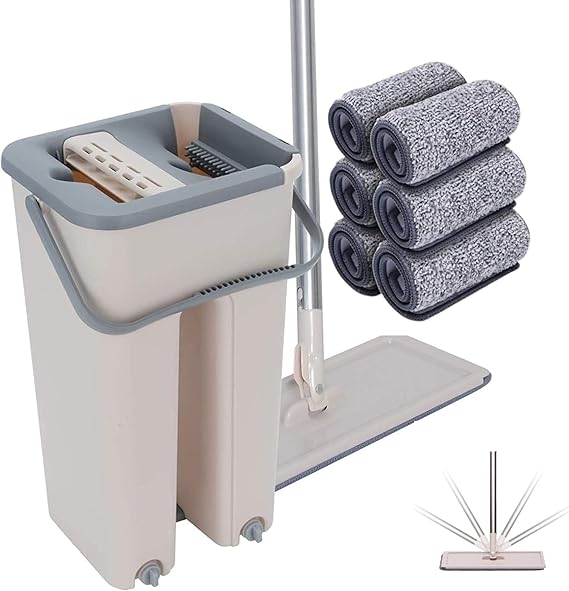 SWISSPACK Floor Mop and Bucket Set − Easy and Simple Squeeze Mop Bucket, Flat Mop with Multi -Pack Replacement Machine Washable Microfibre Mop Pads for All Floors Types (37cms x 31 cms, 6, Pads)