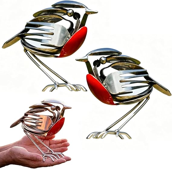Robin Bird Scrap Metal Art Sculpture,Robin Bird Statue,Scrap Metal Art Sculpture,Handcrafted Bird Statue, Unique Home Decor for Indoor,Garden, Patio, or Office Desk, Decorative Steel Craft (2pcs)