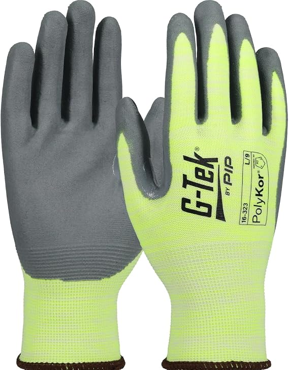 G-Tek 16-323/L, Hi-Vis Seamless Knit PolyKor Blended Glove with Nitrile Coated Foam Grip on Palm & Fingers