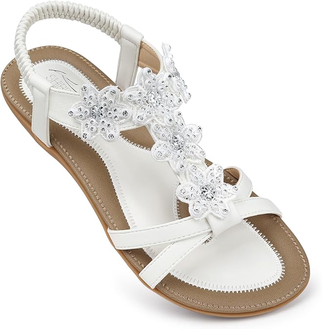 SHIBEVER Dress Flat Women Sandals: Comfortable Dressy Womens Flats Sandal | Summer Arch Support Ankle Strap Rhinestone Flower Sparkly Sandals - All-Day Comfort Walking Wedding Formal Fancy Shoes