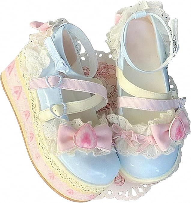 Women Lolita Mary Jane Shoes Goth Round Toe Chunky Platform Heel Lace Colorful Punk Rock Sweet Kawaii with JK Bubble Princess Dress Demin Leather Skirt Jeans