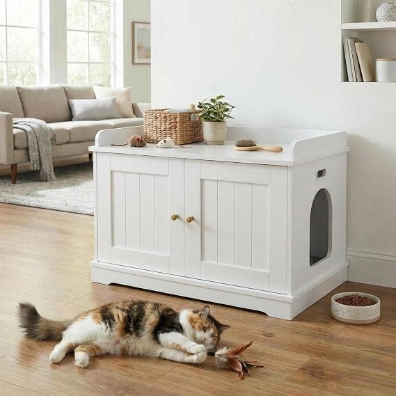 Cat Litter Box Enclosure – Hidden Litter Box Furniture with Cosy Perch, Fits Most Standard Litter Trays, Pet Washroom Furniture for Hallway, Bedroom & Living Room, 80 x 53 x 50 cm – White