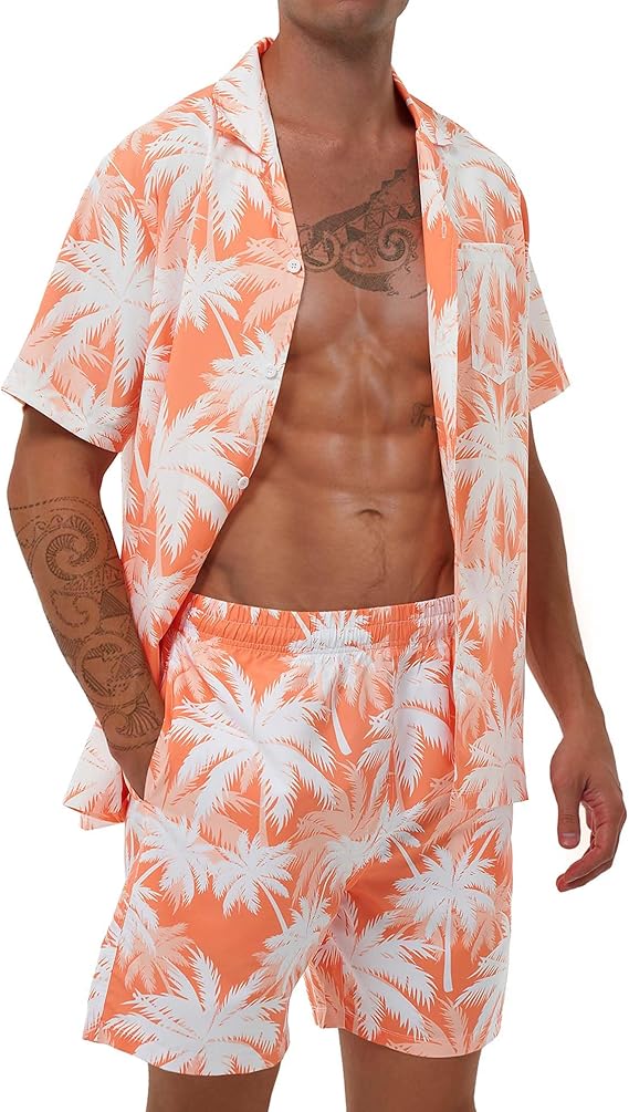 Men's Hawaiian Matching Set Summer Beach Outfits 2 Piece Flower Tropical Short Sleeve Cuban Shirts and Shorts Suits