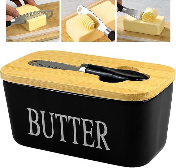 Ceramic Butter Dish with Lid, 700ml, Stainless Steel Butter Knife | Stainless Steel Multipurpose Butter Knife, Large Cheese Container, Butter Keeper, Double High-Quality Silicone