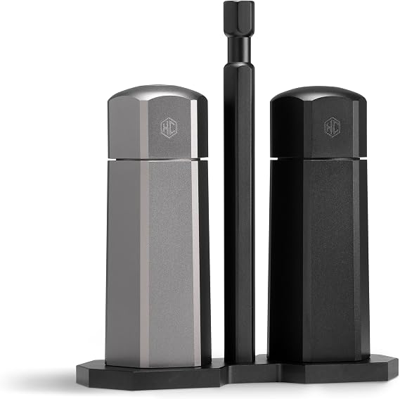 HexClad Tabletop Salt and Pepper Mill Set and Carrying Caddy Holder with Adjustable Coarseness Settings