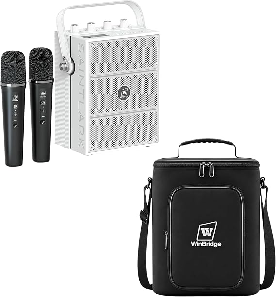 100W Powerful Speaker with 2 Wireless Microphones, Portable Microphone with Speaker Set Support Guitar Input, Karaoke Machine Voice Amplifier Bluetooth PA System S99 White with Carrying Case