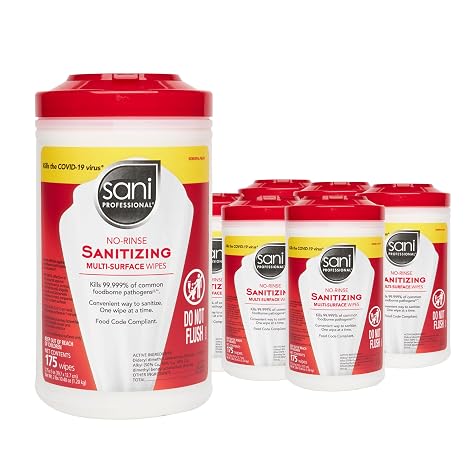 Sani-Professional No-Rinse Sanitizing Multi-Surface Wipes, 6 Pack of 1,050 (175 Wipes Each), Large 7.75" x 5" Size, Food-Contact Safe Sanitizing for Food Service, Restaurants, and Kitchens
