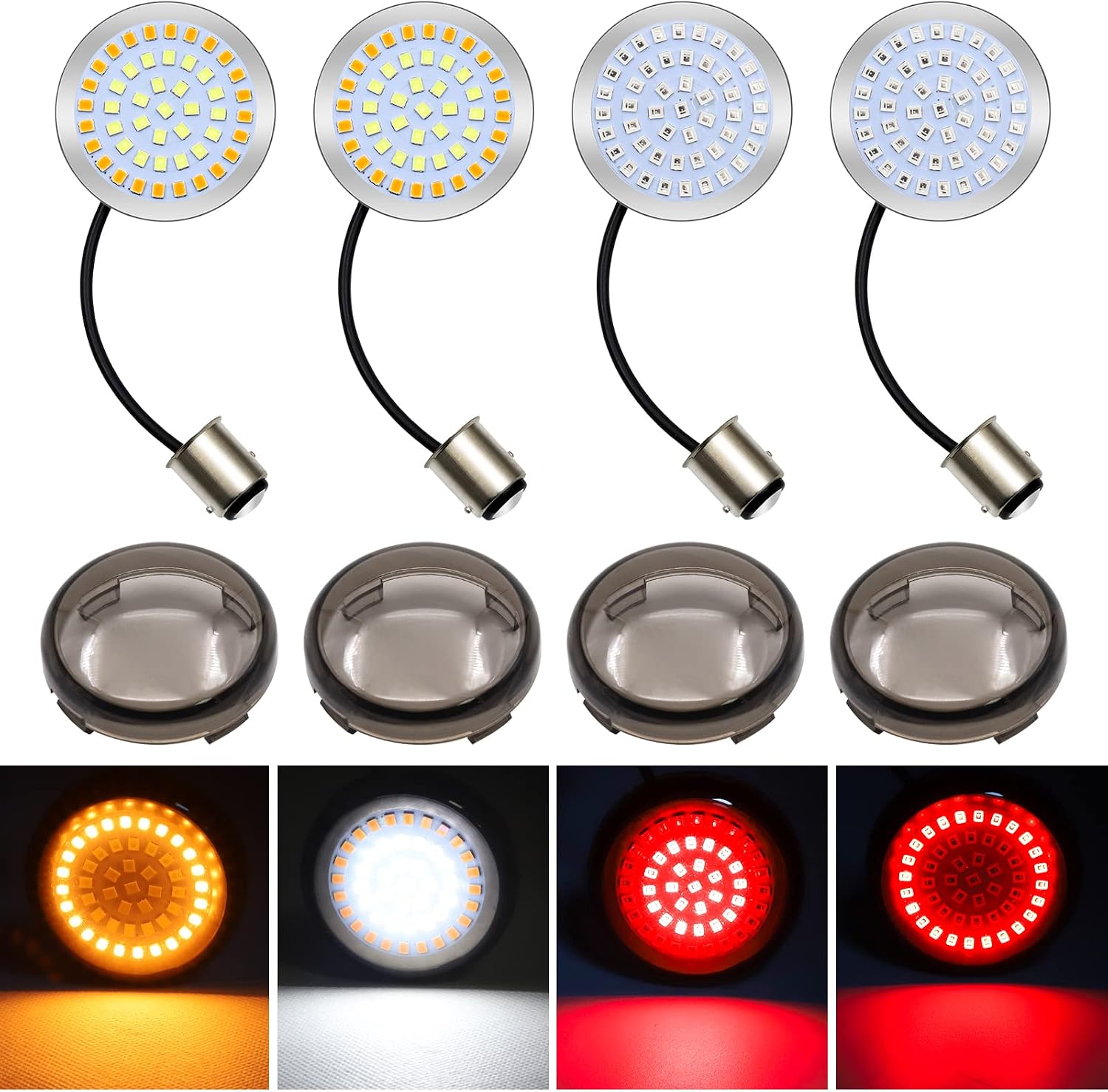 1157 Turn Signal Lights, 2''Bullet Front Rear Turn Signal LED Bulbs Smoke Lens Covers Kit, Compatible with Touring Street Glide Road Glide.