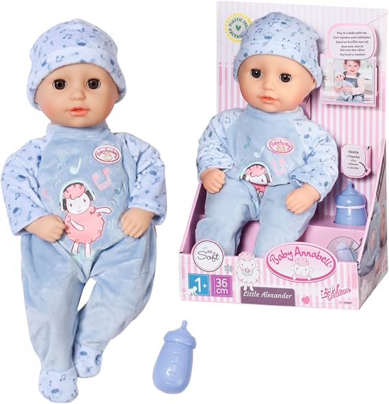 Baby Annabell Zapf Creation 709887 Little Alexander 36 cm - weiche Puppe mit Stoffkorper, Blauer Strampler, Blaue Schlafaugen und Flaschchen.