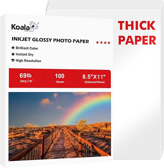 Koala Heavyweight Thick Glossy Photo Paper Single Sided 8.5x11 Inches 69LB 260GSM for Inkjet printer and Dye Ink for Greeting Card Cake Toppers