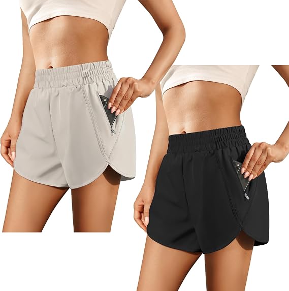 URATOT 2 Pack Women's Athletic Shorts Quick Dry High Waisted Running Shorts with Zip Pocket Gym Elastic Workout Short