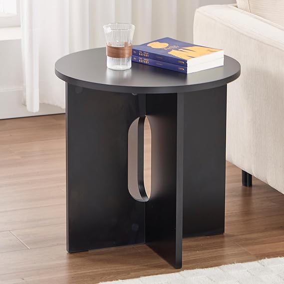 Round Side Table 50CM Small Coffee Table with X-Shaped Base and Hollow-Out Design, Wood Center Tables for Living Room Bedroom Balcony Small Spaces Black