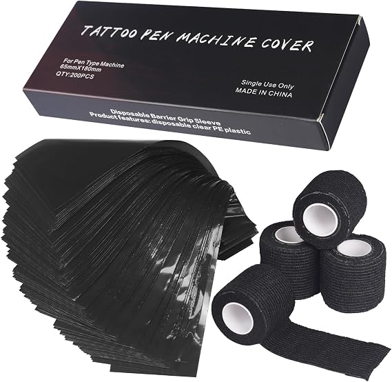 Large Tattoo Pen Machine Covers with Grip Tapes - 200Pcs 2.56 * 7.08 inch Black Tattoo Machine Bags and 4Pcs Grip Wrap Tattoo Pen Bags Disposable Self-adhesive Bandage