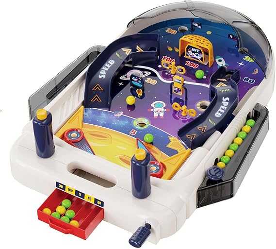 Tabletop Pinball Machine Space Board Game with Obstacles, Pull-Rod Launcher, Two-Hand Controls, Ball Storage Tray, 1-2 Player Arcade Games for Kids Ages 3+