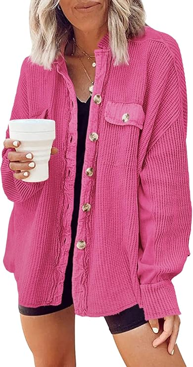 Yanekop Shackets for Women 2025 Waffle Knit Tops Long Sleeve Button Down Shirt Fall Jackets Outfits Corduroy Jacket