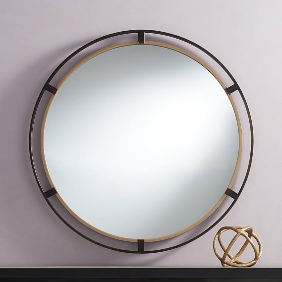 Uttermost Crest Round Vanity Decorative Wall Mirror Rustic Distressed Bronze Antiqued Gold Metal Ring Frame 34" Wide Decor for Bathroom Bedroom Living Room Home Office Entryway