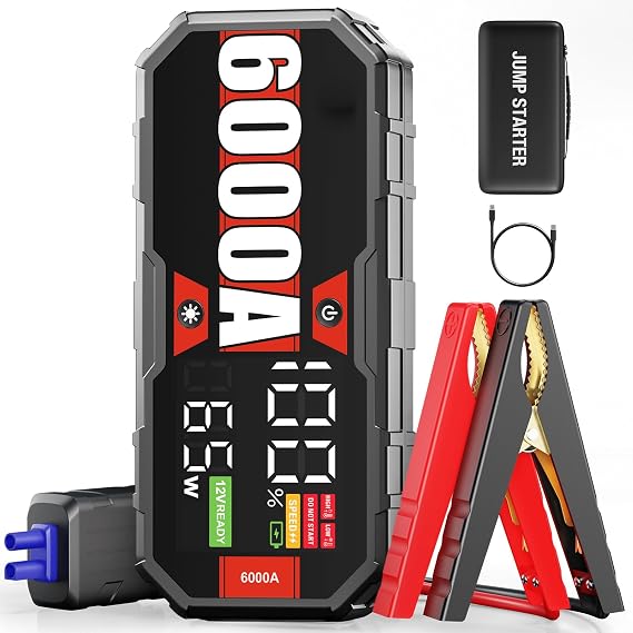 JFEGWO 6000A Jump Starter, 12V Car Battery Jumper Starter Portable with 65W Quick Charger, for 13L Gas 13L Diesel Car Battery, 24000mAh Battery Jumper Starter, 48-Months Stand-by Booster Jump Box Pack
