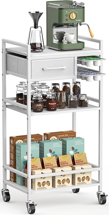 Housolution 4-Tier Coffee Bar Cart with Storage, 33 H Coffee Station Cabinet with Pod Drawers for Nespresso Vertuo, Mini Toaster Oven Stand Table for Home, Kitchen, Living Room White  Grey