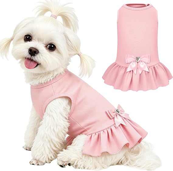 YUDODO Dog Dress Sleeveless Cat Dresses Clothes for Small Dogs Girl | Breathable, Lightweight, Soft & Does Not Pill, Cute Skirt Hem, Bowtie Design, Dresses for Small Dogs, Pink, L