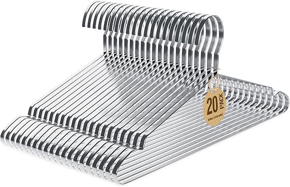 Jiang&Rong 20 Pack Stainless Steel Hangers | 16.5 Inch Heavy Duty Metal Coat Hangers for Adults, Non-Slip Clothes Hangers, Durable Silver Hangers
