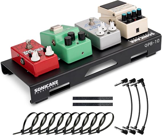 SONICAKE Small Guitar Pedal Board, 14" Guitar Effects Compact Aluminum Alloy Mini Pedalboard with Pedals Mountain Tape, Cable Tie & Patch Cables, Black 14.2"x 5.7"x 2"/1.1" (S Pedal)