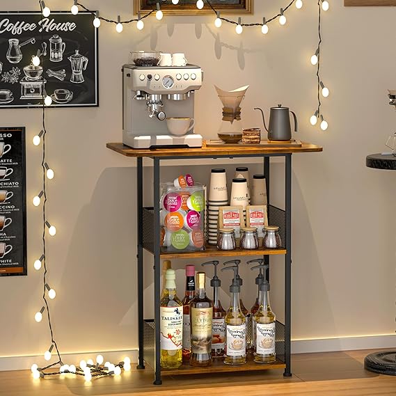 Jsskeeim Mini Floor Standing Coffee Bar Shelf,3-Tier Small Coffee Table,Corner Farmhouse Coffee Bar Cabinet;Dining Room, Living Room-Capsules,Coffee Maker(Brown+Black)