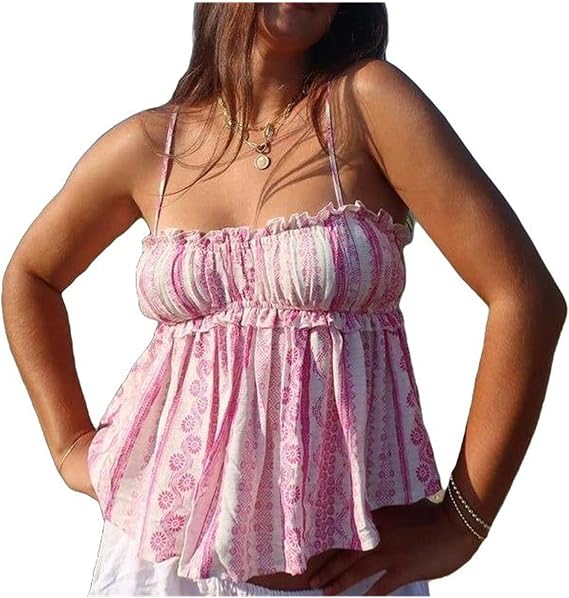 Women Smocked Floral Tank Top Flower Print Ruffle Babydoll Cami Top Summer Vintage Sleeveless Peplum Camisole